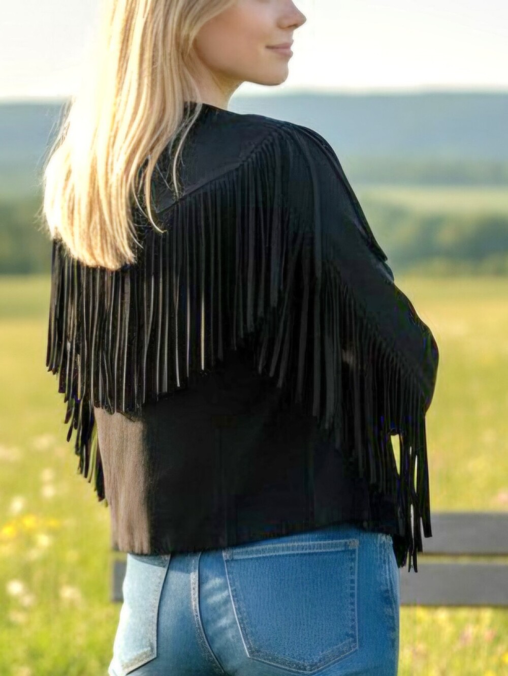 Love & Money Western Boho Black Faux Suede Fringed Jacket Cropped Open Front / L